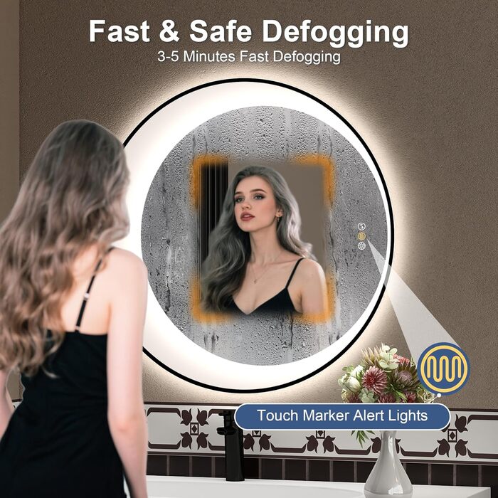 Дзеркало для ванної кімнати STARLEAD з LED-підсвічуванням 90x60 см, Bluetooth, регулювання яскравості, 3 кольори світла, протитуманне покриття, функція пам'яті, HD скло, IP44, горизонтальне/вертикальне, без рамки