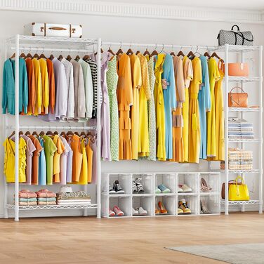 Розширюваний вішак для одягу, металевий гардеробний стійка з регульованими полицями (білий)