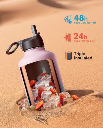 Термопляшка Coolflask 2л з соломинкою та 3 кришками, нержавіюча сталь, для спорту/офісу, герметична (Bubble Gum, 1893 мл)