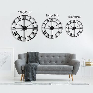 HAITANG Large Vintage Wall Clock, Black Round Metal Wall Clock Silent No Ticking, Battery Operated, 47cm Roman Numerals, Clocks for Living Room, Bedroom, Kitchen Decoration