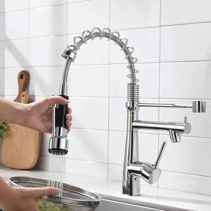 Змішувач кухонний LED Chrome з висувною лійкою, 360° поворот, 2 виходи, для кухні