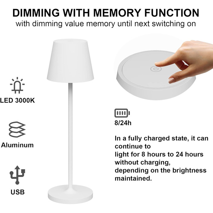 LED акумуляторна настільна лампа Klighten 2 шт., диммування, для дому та вулиці, USB-зарядка, 3000K, IP54, алюміній