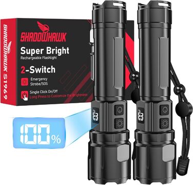 Ліхтарик Shadowhawk LED перезарядна 2 шт. | Тактичний ліхтарик (2 вимикачі) 500000 люмен, дальність до 1000м, час роботи 12 год для кемпінгу/відпочинку на природі/походів, регульована яскравість, чорний