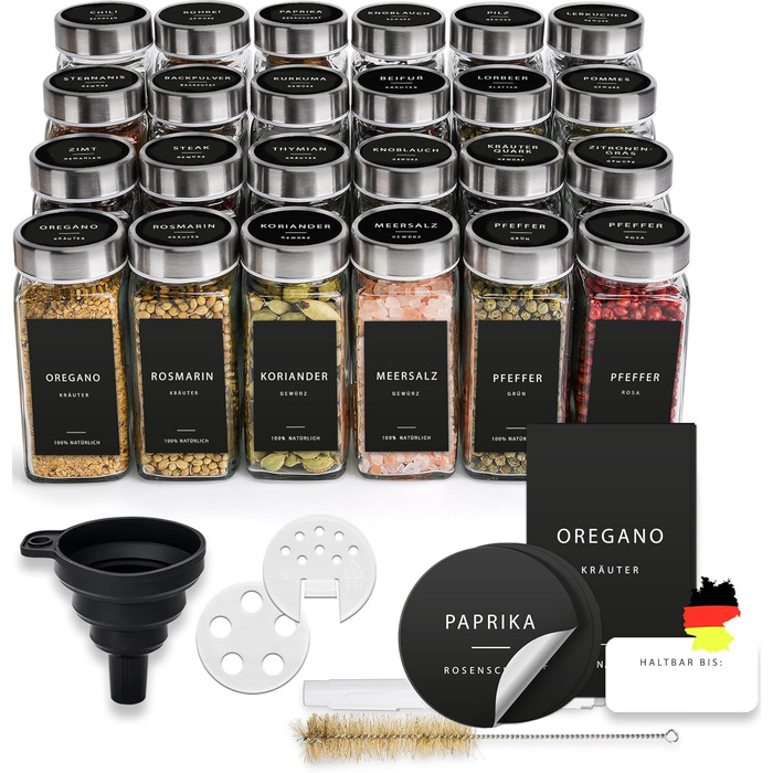 Square Spice Jars [24 x 120 ml] Spice Containers with 301 Labels, Stainless Steel Lids | Spice Jar Set | Spice Storage, Spice Glass, Spice Organizer, Shaker Insert