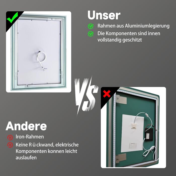 LED дзеркало для ванної кімнати 80x60 см з підсвічуванням, 3 кольори, регулювання яскравості, антизапарник, годинник, 3x збільшення
