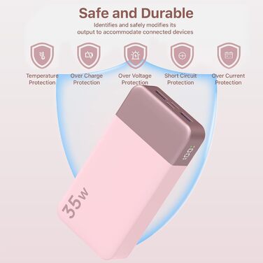 Power Bank NOBIS 20000mAh 35W з кабелем USB-C, рожевий | Портативний зарядний пристрій з цифровим дисплеєм