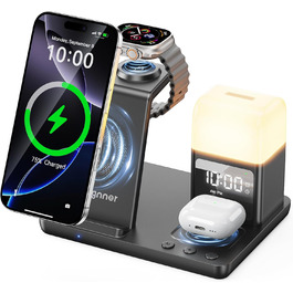 Бездротова зарядка для iPhone 17/16/15/14/13/12, 6-в-1 з нічною лампою та будильником, сумісна з Apple Watch та AirPods (Білий/Чорний)