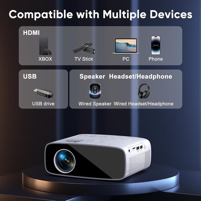 Проектор AKATUO Mini Beamer 4K з підтримкою 5G WiFi Bluetooth, 15000L, 1080P, 50% Zoom, для дому та на вулицю, сумісний з телефоном, HDMI, USB, ноутбуком, Fire TV Stick