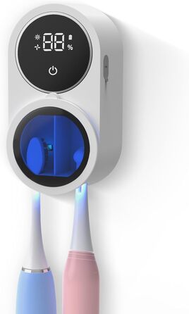 Biodzzs Wall-Mounted Toothbrush Holder and Cleaner, Intelligent Light Cleaning and Fan Drying, Automatic Rotating Cover, Toothbrush Case with Digital Display, Portable, Blue (01 White)