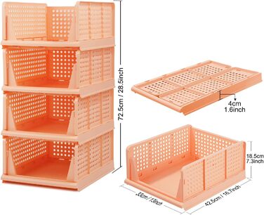 4 Pack Stackable Foldable Closet Storage Box Organizer (Easy Open and Fold), Plastic Closet Shelf Organizer Box, Bedroom, Kitchen (Pink)