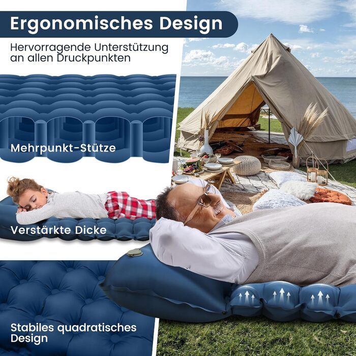 Надувний килимок для кемпінгу Tuocal Isomatte, 9 см, з вбудованим насосом, антиковзаюча поверхня, для відпочинку на природі, подорожей та наметів (блакитний)