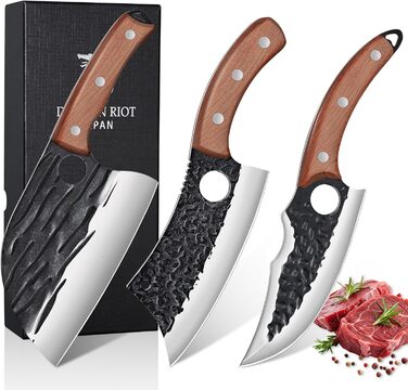 Набір кухонних ножів DRAGON RIOT 3 шт. – ручна ковка, сербський кухонний ніж, ніж для видобування Вікінга, ніж-сікач. Професійний набір для м'яса, BBQ. Подарунок для чоловіків, світло-коричневий.