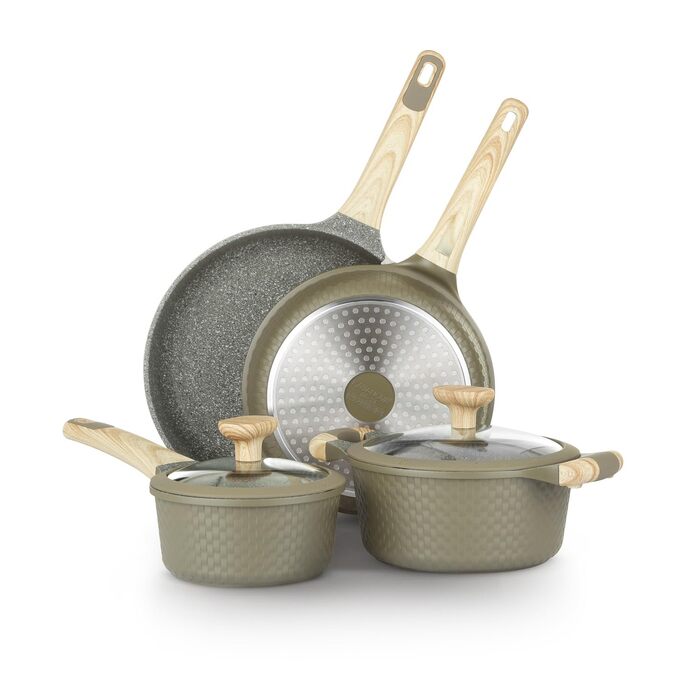 Набір посуду KASANOVA Bambù з антипригарним покриттям, 6 предметів, індукція, скляні кришки (Зелений)