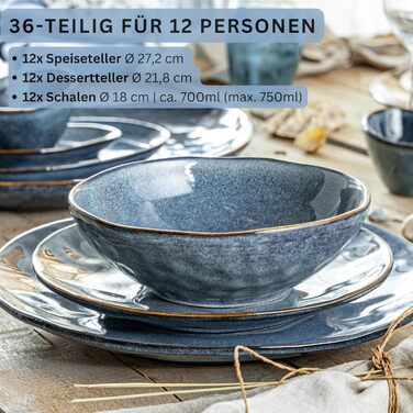 Сервіз для столу SÄNGER Darwin 36 предметів, синій, кераміка, на 12 персон, набір тарілок – обідні, десертні та глибокі, ручна робота, преміум колекція