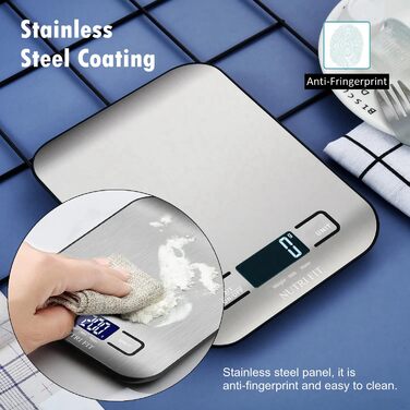 Кухонні ваги Nutri Fit: цифрова вага з нержавіючої сталі, ультраплоска, LCD-дисплей, 5 кг, 4 одиниці вимірювання