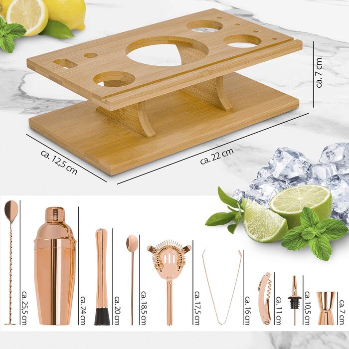 ONVAYA® Cocktail Set in Rosé-Gold | Cocktail Gift Set with Bamboo Holder | Cocktail Shaker Set | Professional Bartender Set | Moscow Mule Mugs (Cocktail Set)