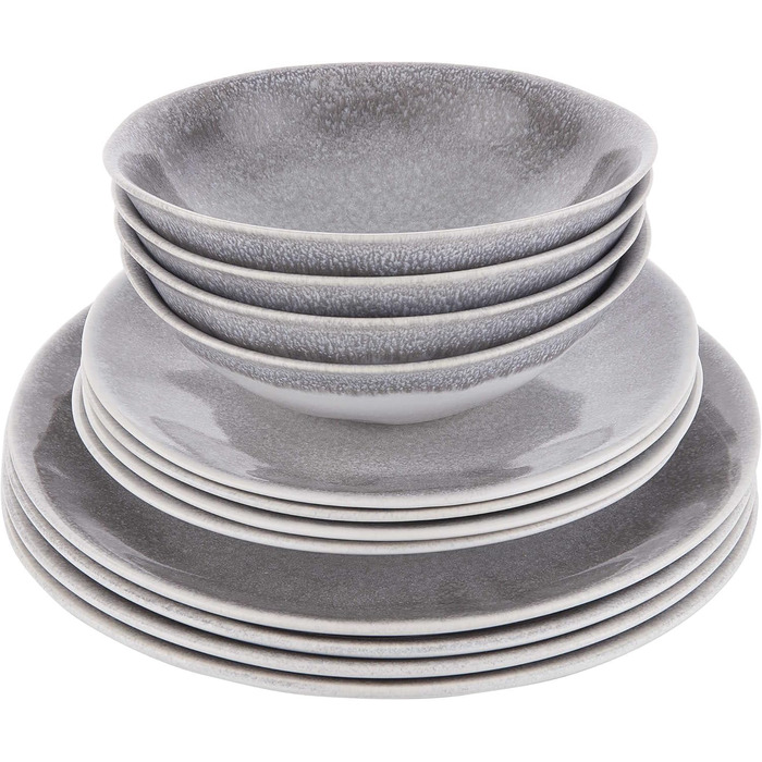 Набір посуду BUTLERS Atlantis 12 предметів з каменю (тарілки та миски) | Сірий посуд для 4 осіб | Мікрохвильова та посудомийна машини | Boho-стиль