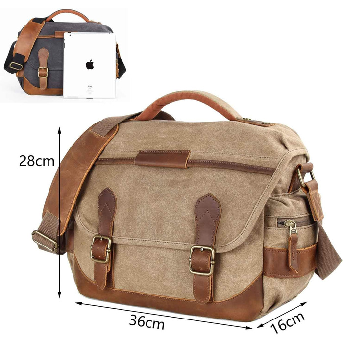 Сумка для фотоапарата Neuleben водонепроникна для DSLR об'єктива, вінтажна, з canvas та шкіри, на плече (Хакі)