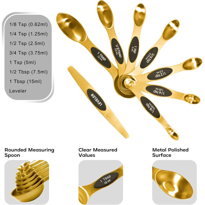 Magnetic Measuring Cup and Spoon Set, including 7 gold-colored stainless steel measuring cups and 8 magnetic gold measuring spoons with 1 leveler for cooking and baking