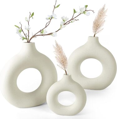 Large Doughnut Vase for Pampas Grass - Ceramic Ring Vase, Beige Boho Decor | Modern Vase for Table & Home