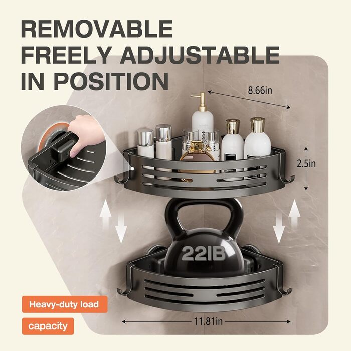 Поличка для душу Lekesky без свердління, кутова, з міцними присосками, алюміній, нержавіюча сталь, знімна, 2 шт., Gunmetal Grey