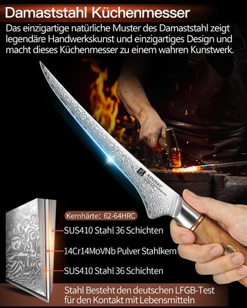 Ніж кухарський XINZUO Damaststahl 18.2 см, 73 шари Дамаска, професійний, з ручкою з оливкового дерева, серія Lan (ніж для філетування)