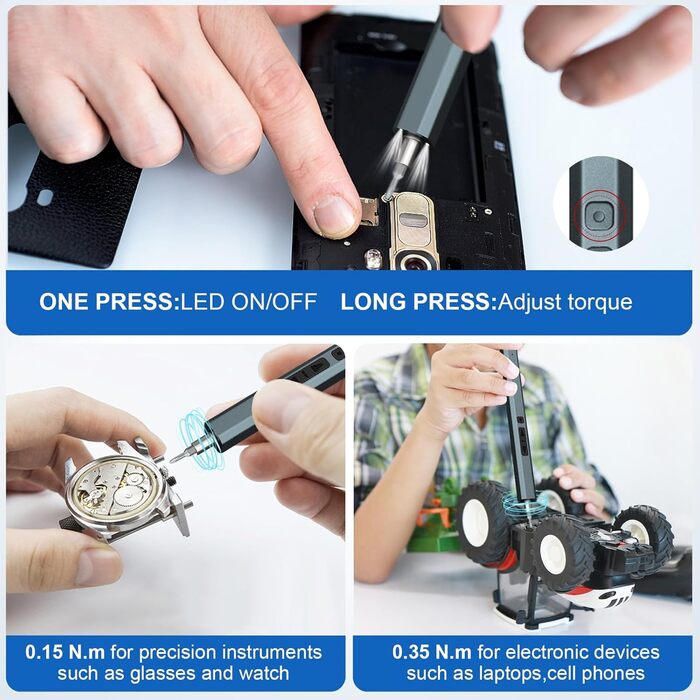 Dinow 30 в 1 Електричний набір викруток, акумуляторний, з LED-підсвічуванням, 2 швидкості, регулювання крутного моменту. Підходить для ремонту ноутбуків, окулярів, годинників, DIY-робіт