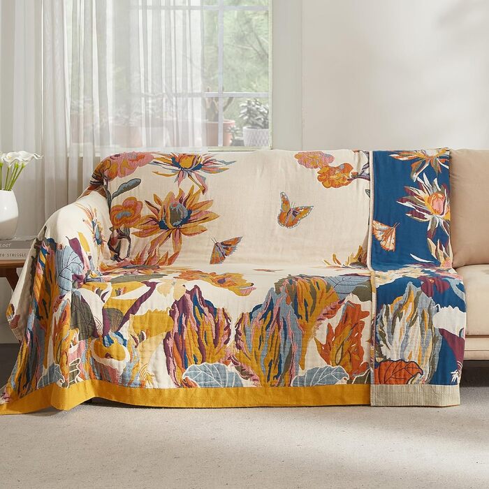 Богемна ковдра Softexly Boho Decke 100% бавовна – двостороння муслінова ковдра 150x200 см, м'яка софа та ковдра на ліжко, естетичний дизайн, ідеально підходить для вітальні та спальні, Orange/Grün Blütentraum (230 x 250 см, Sommertanz)