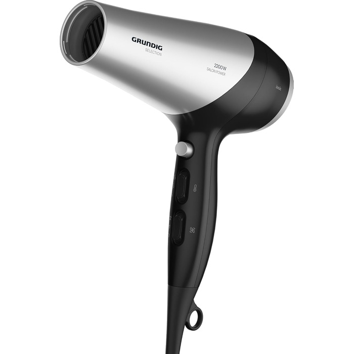 Фен GRUNDIG HD 6080 L: 2200 Вт, іонізація, керамічне покриття, 3 режими температури, 2 швидкості, холодний обдув, чорний/срібний