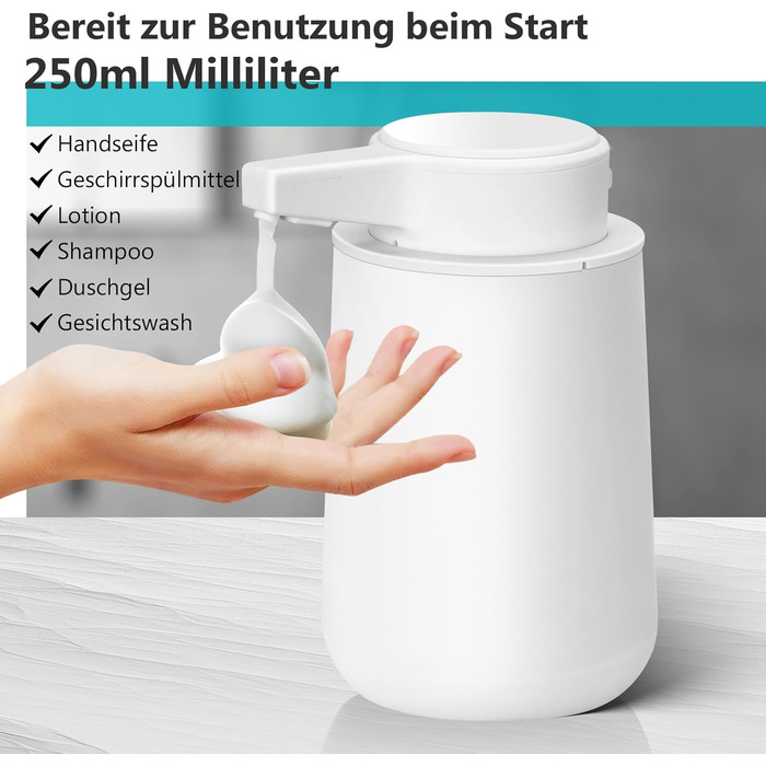 Phneems Soap Dispenser Automatic Foam Soap Dispenser Electric Soap Dispenser With Sensor 250ML Soap Dispenser Automatic USB Rechargeable IPX5 Waterproof FOR Bathroom Kitchen White
