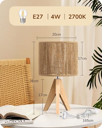 LED настільна лампа EDISHINE з абажуром з ручної роботи та дерев'яною ніжкою, 2700K, тепле біле світло, бохо стиль, для спальні, вітальні, готелю, з лампочкою E27 4W, в'язаний паперовий шнур