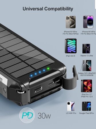 Портативний зарядний акумулятор Solar Powerbank 26800mAh з MagSafe, 30W USB-C, бездротовий заряд 15W, LED, ліхтарик, чорний