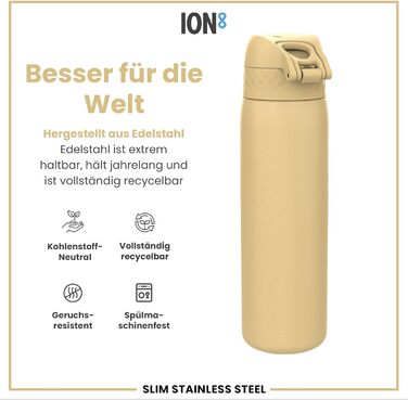 Ion8 Stainless Steel Water Bottle, 600 ml, Leak-Proof, One-Handed Opening, Secure Locking Mechanism, Dishwasher Safe, Flip-Top Lid, Carrying Handle, Easy to Clean, Durable & Scratch-Resistant (Stainless Steel, Desert)