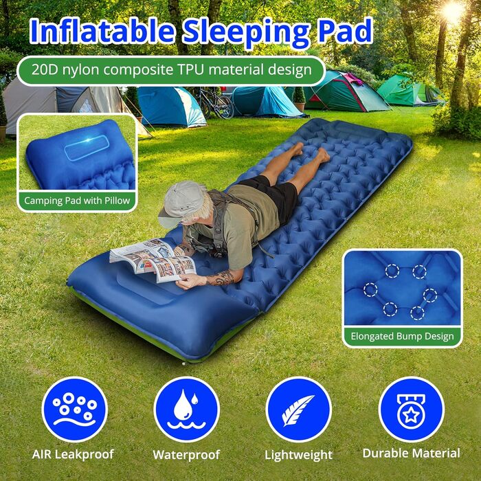 Надувна туристична матрац Isomatte з самонадуванням, 10 см, водовідштовхувальна, для кемпінгу та подорожей, синьо-зелена, односпальна