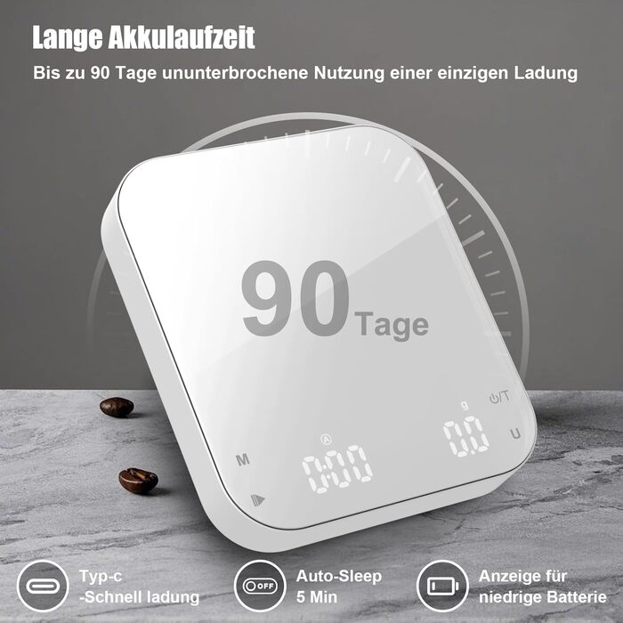 Ваги для кави Diyife з таймером, 3кг/0,1г. Електричні ваги для еспресо з HD LCD дисплеєм, функцією тарування, портативні, високоточні для еспресо та френч-пресу (M-White)