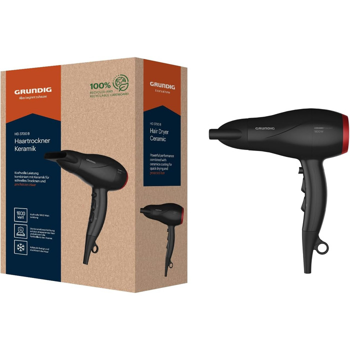 Фен GRUNDIG HD 3700 B 1800 Вт, 3 режими температури, 2 швидкості, холодний обдув, керамічне покриття, 1.8 м, чорний/вишневий, 2023 модель