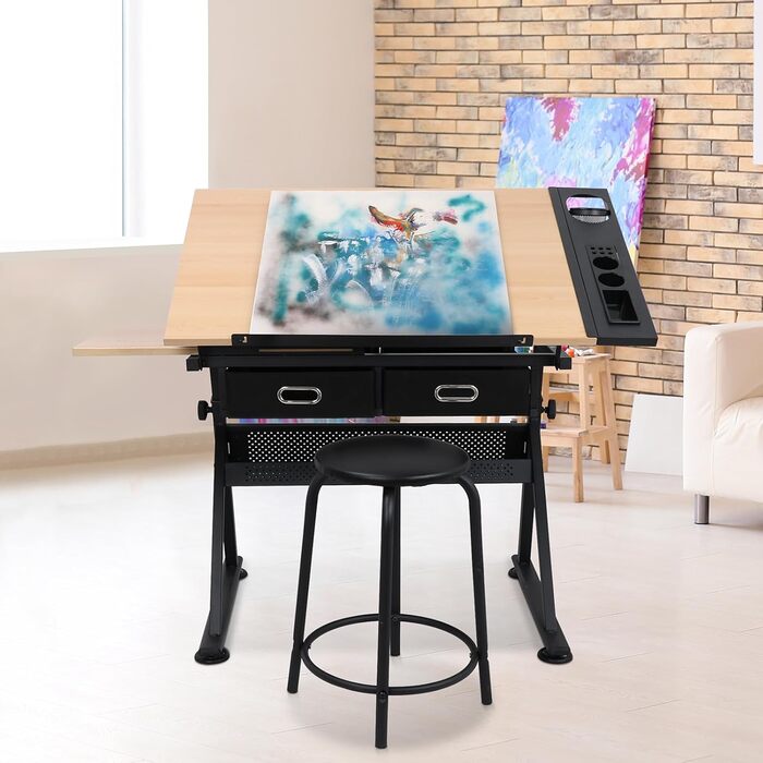 Folding Art Table with Stool and Drawers - Natural Wood Finish