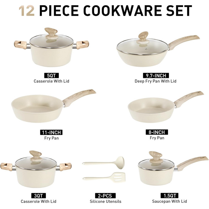 Набір посуду для індукції DishDelight, 12 предметів, гранітне антипригарне покриття, бежевий колір. Каструлі та сковороди з кришками.