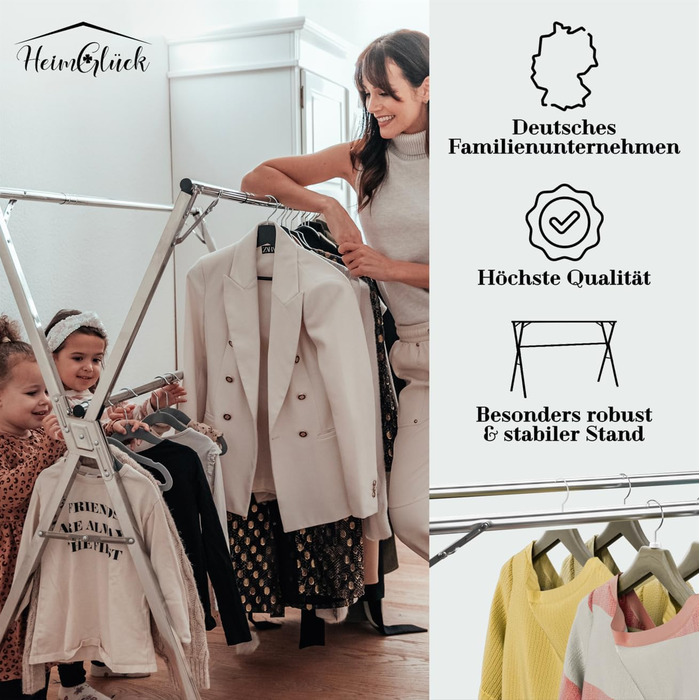 Clothes Rack / Laundry Rack + Bag Moritz [Extendable 1.30-2.0m, foldable, very stable stainless steel] Clothes Rail, Coat Rack, Entrance Hall Coat Rack, Open Wardrobe (Silver, with hooks / with bag / with wheels)