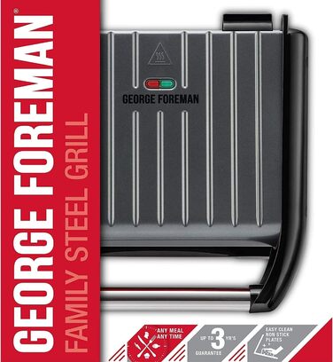 George Foreman Contact Grill & Panini/Sandwich Maker - 24x17cm - 3 Portions - Steel Red - Reduces Up to 42% Fat