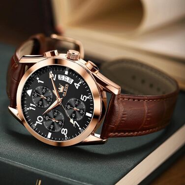 Чоловічий годинник OLEVS Vintage з шкіряним ремінцем, велике циферблат, водонепроникний, аналоговий годинник з датою (2878, чорний циферблат/коричневий ремінець)