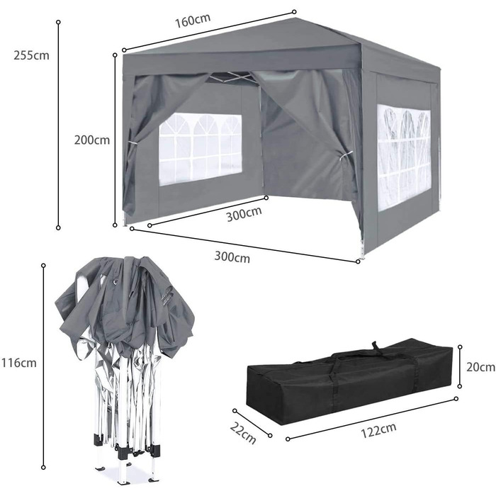 ISE 3x3 Pavilion with Side Walls, Folding Pavilion Stable incl. Carrying Bag, Folding Pavilion 3x3m UV Protection 50+, Adjustable Party Tent for Garden, Grey