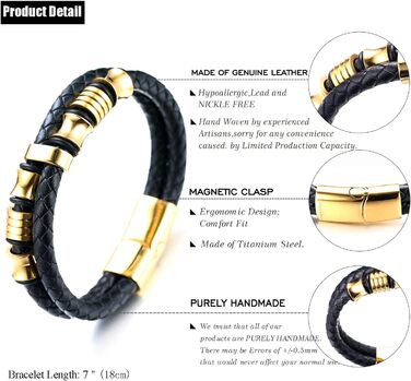 Браслет дитячий Halukakah Ehre Junior для хлопчиків зі шкіри чорного бика з магнітною застібкою, з перлами та позолоченим/платинованим титаном, в подарунковій коробці (6-12 років, 18-19.5 см)