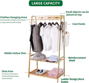 Bamboo Coat Rack, Clothes Rack with 3 Shelves and 10 Hooks, Clothes Rail, for Hallway, Living Room and Office, 80x43.5x165cm