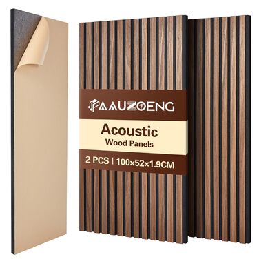 Акустичні панелі з дерев'яного шпону самоклеючі, набір 2 шт. 100x52 см, звукопоглинаючі стінові панелі для шумоізоляції та декору вітальні, офісу, коричневі