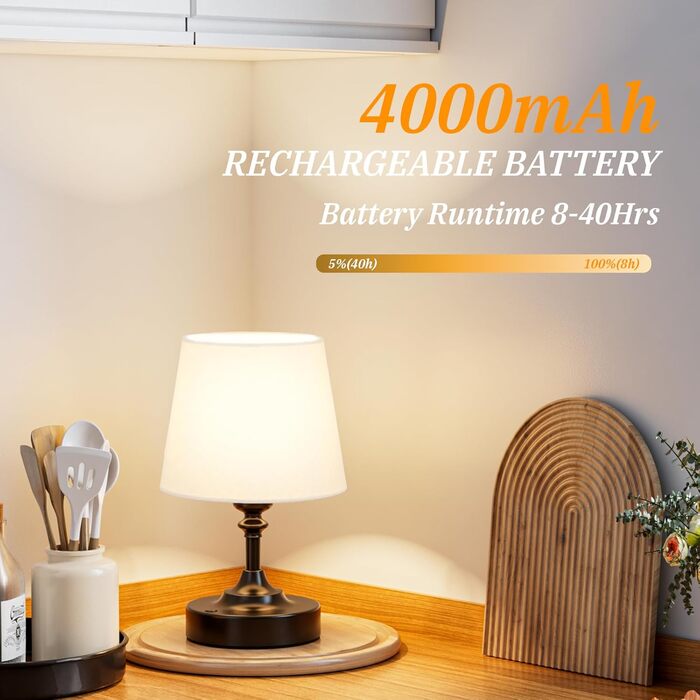 LED настільна лампа бездротова з торшером з льону, сенсорне керування, регулювання яскравості, білий колір, USB-C, для спальні, вітальні, кухні, декор (латунь), 40см, 24см