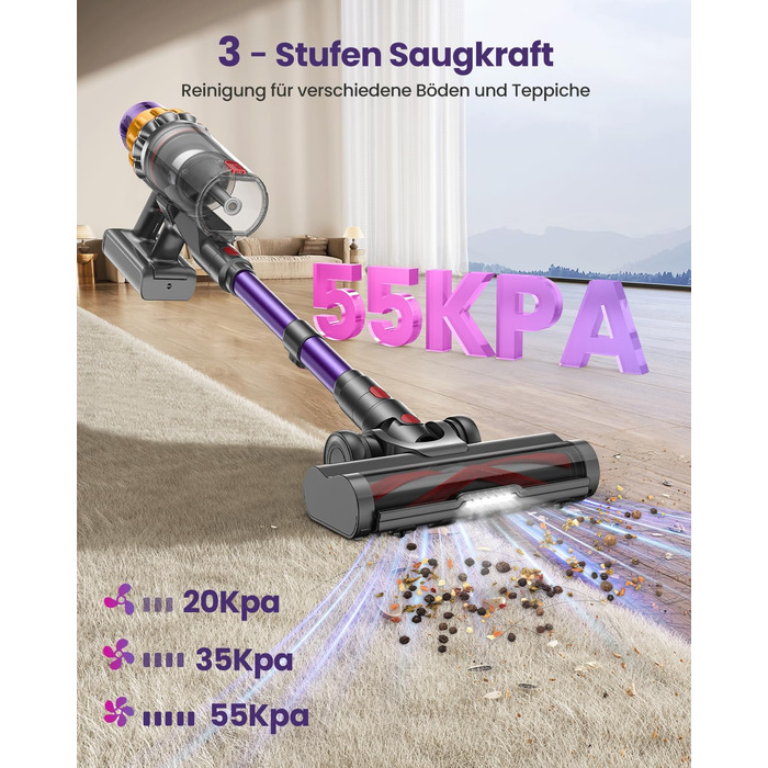 Бездротовий акумуляторний пилосос з 2 акумуляторами, 150 хв роботи, 55000 Па, 600 Вт, об'єм 2.0 л, з дисплеєм, антизаплутана щітка, самостійна парковка, настінна зарядка, 11-шарова фільтрація для шерсті тварин, килимів та твердих поверхонь