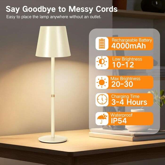 LED-лампа настільна бездротова OUTON, 2 шт. - сенсорне керування, 3 режими, USB-C зарядка, IP54, 30 годин, для дому/саду, чорний/бежевий