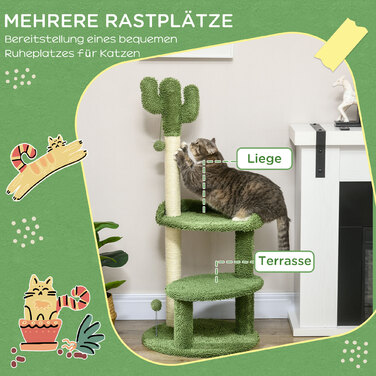 PawHut Дряпак для котів, дизайн кактуса Φ 49 x 111 см з 2 ярусами та іграшковою кулькою, стійкий котячий комплекс для кошенят зеленого кольору