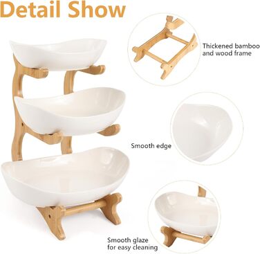 Багатоярусна фруктова миска з кераміки для кухні, 3 яруси, з дерев'яними підставками, для овочів, фруктів, снеків, декор